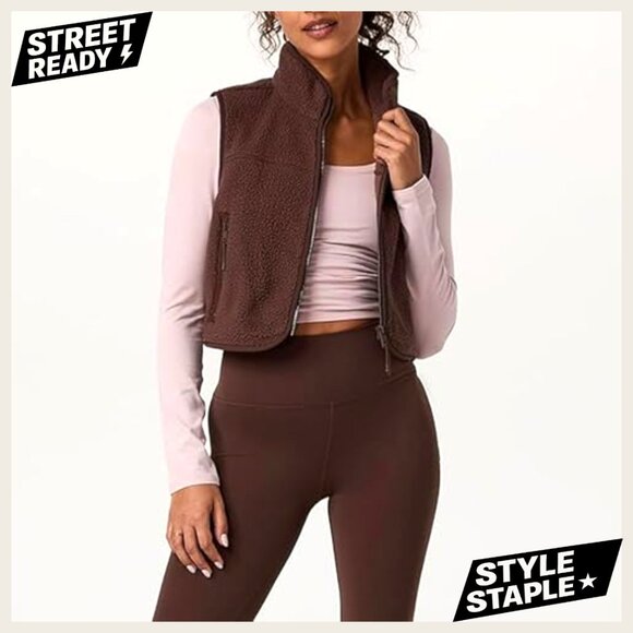 Cropped Sherpa Vest Sleeveless Zip Up Loose Fit Cozy Fall Winter Outerwear - Picture 6 of 7